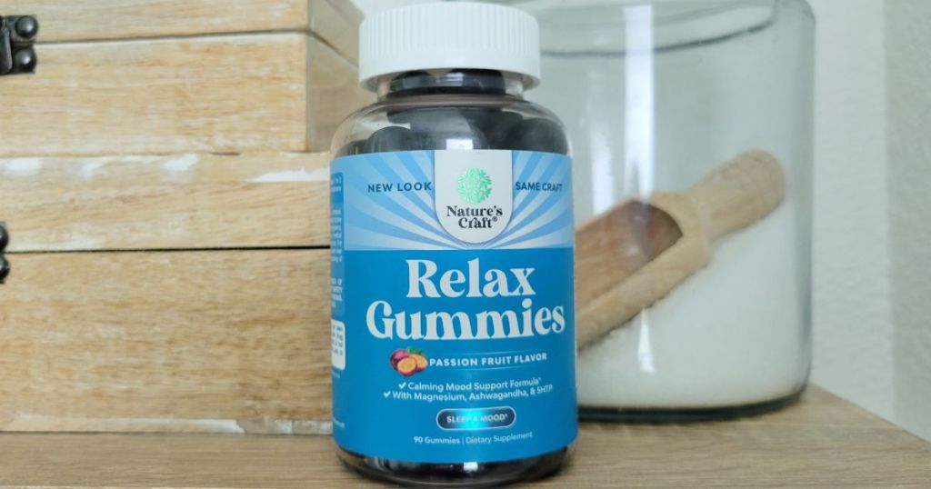 Bottle of Relax Gummies on a shelf