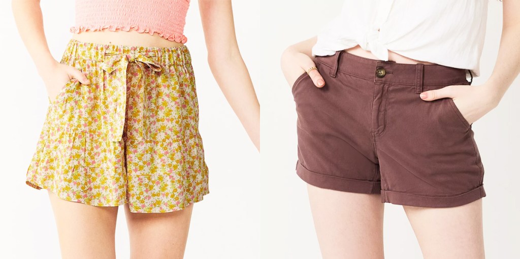 two women modeling yellow and brown shorts