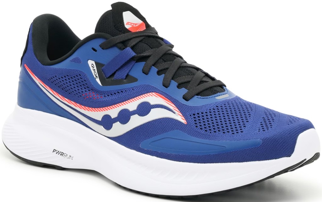blue and white saucony running shoe