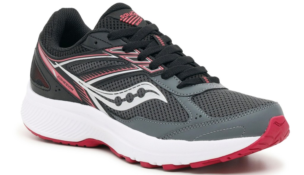 grey, white, and pink running shoe