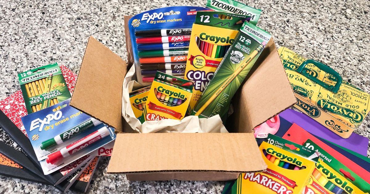 Box of school supplies from Amazon
