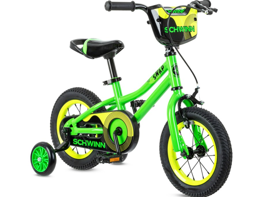green, yellow, and black kids bike with training wheels
