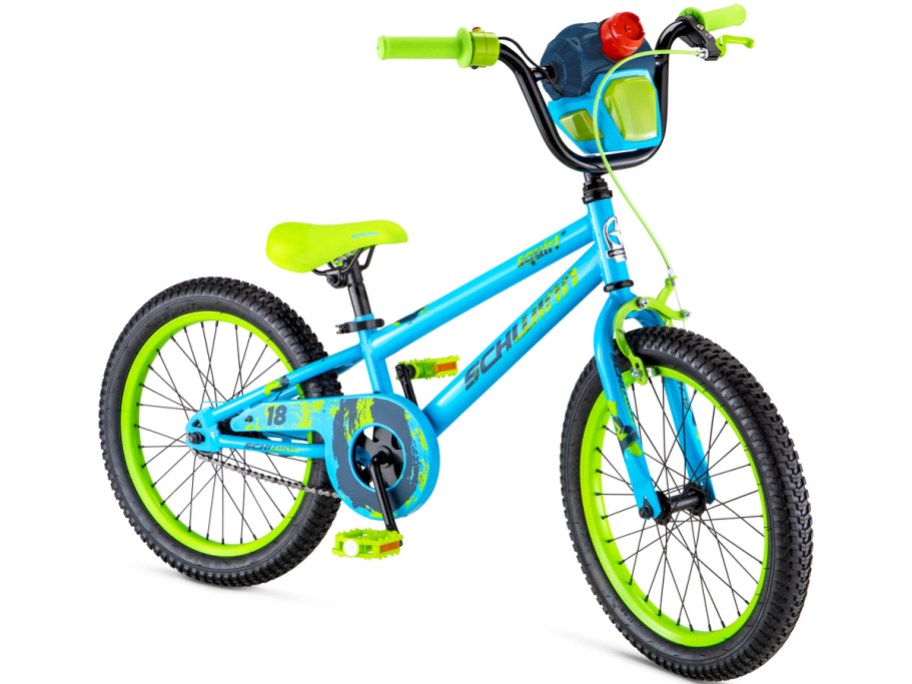 blue and green kids bike with water cannon attached to the front