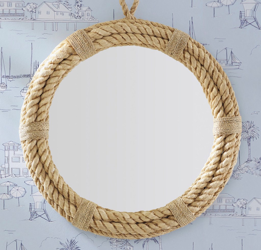 serena and lily rope mirror hanging on nautical wallpaper