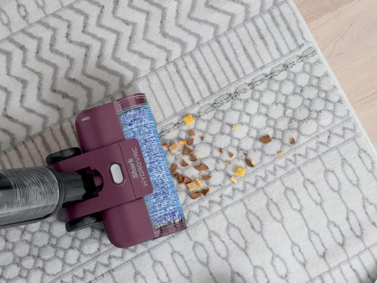 A Shark Hydrovac cleaning crumbs on a rug