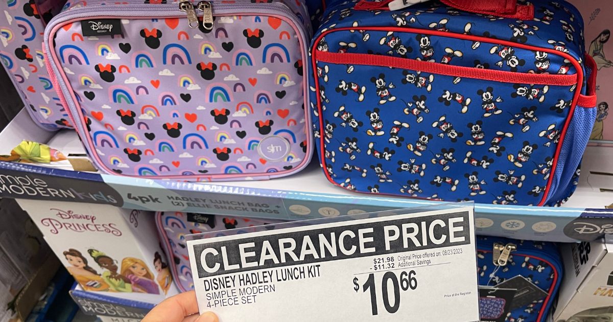 a woman holding a sign with clearance pricing next to 2 Simple Modern Disney Hadley Lunchboxes