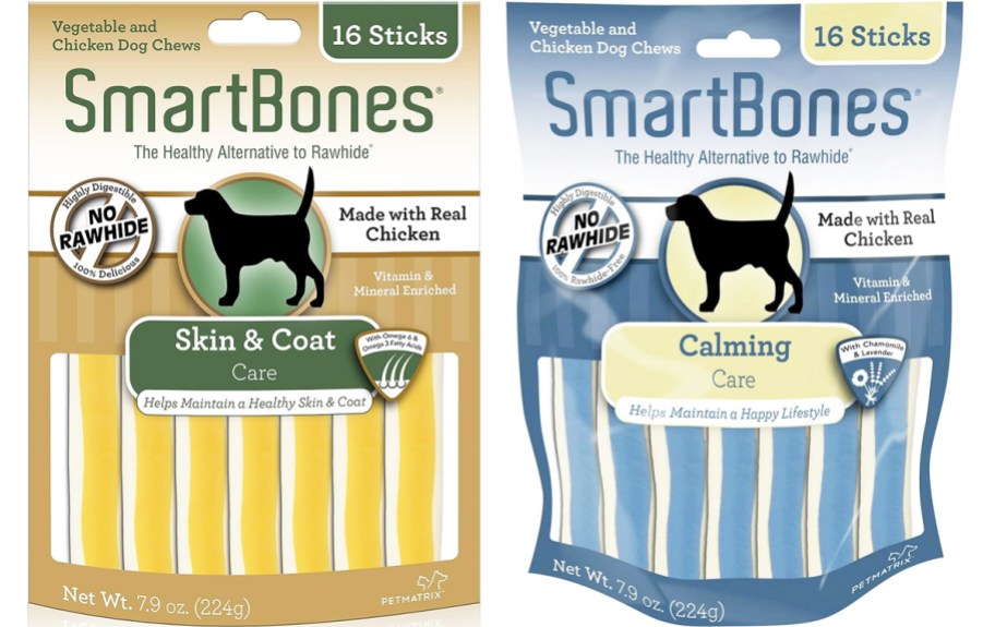 yellow and blue packs of SmartBones dog chews