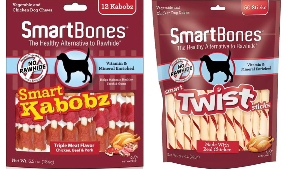two red bags of SmartBones dog treats