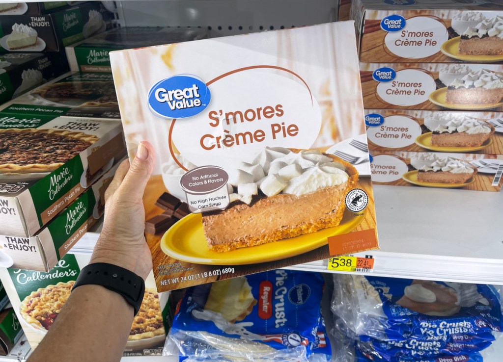 Hand holding a Great Value S'mores Cream Pie which is a food trend for 2023