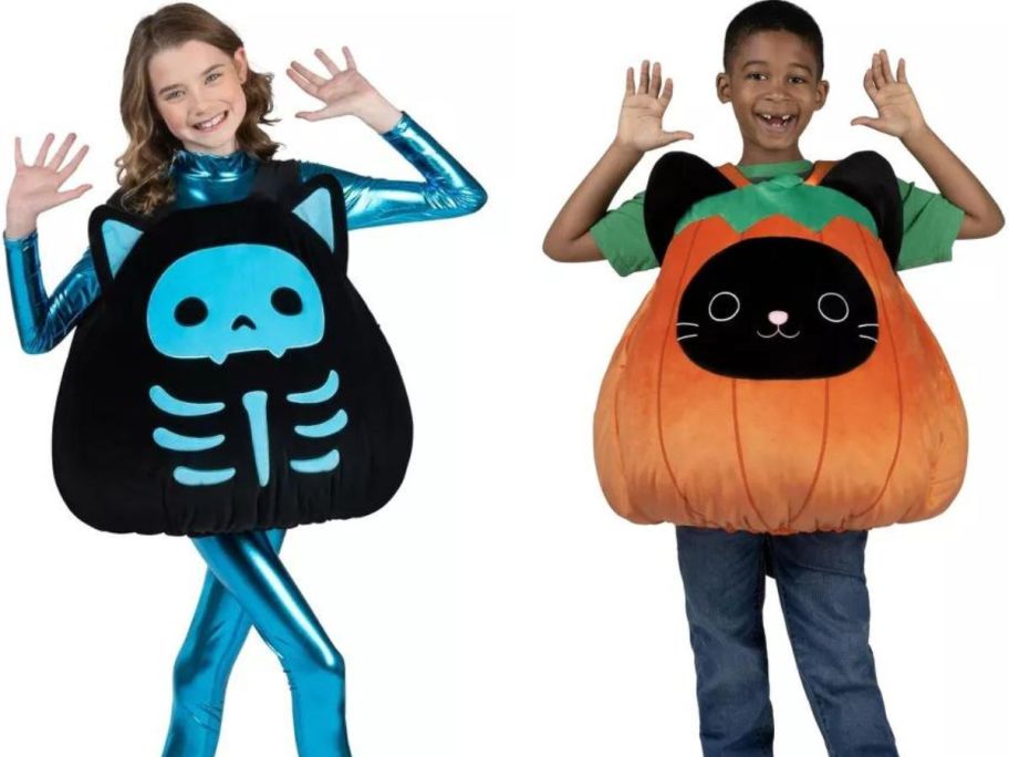 two kids wearing squishmallow costumes