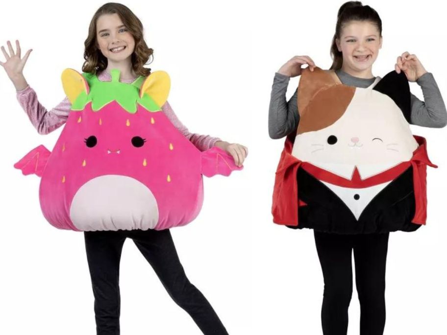 2 kids wearing Squishmallows halloween Costumes