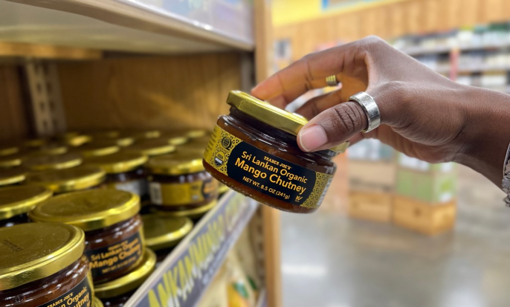 Hand holding Sri Lankan Organic Mango Chutney from Trader Joe's Fall Lineup