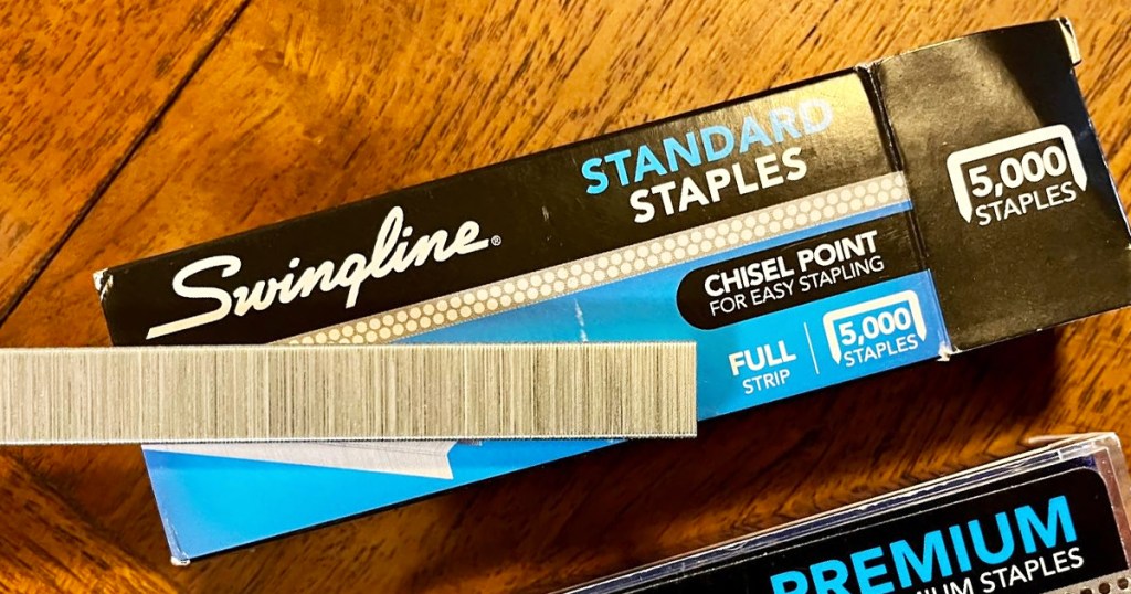 box of Swingline Standard Staples on wood table
