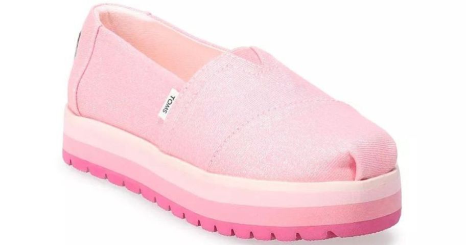 A pink glitter TOMS Girls' Platform Alpargata Shoe