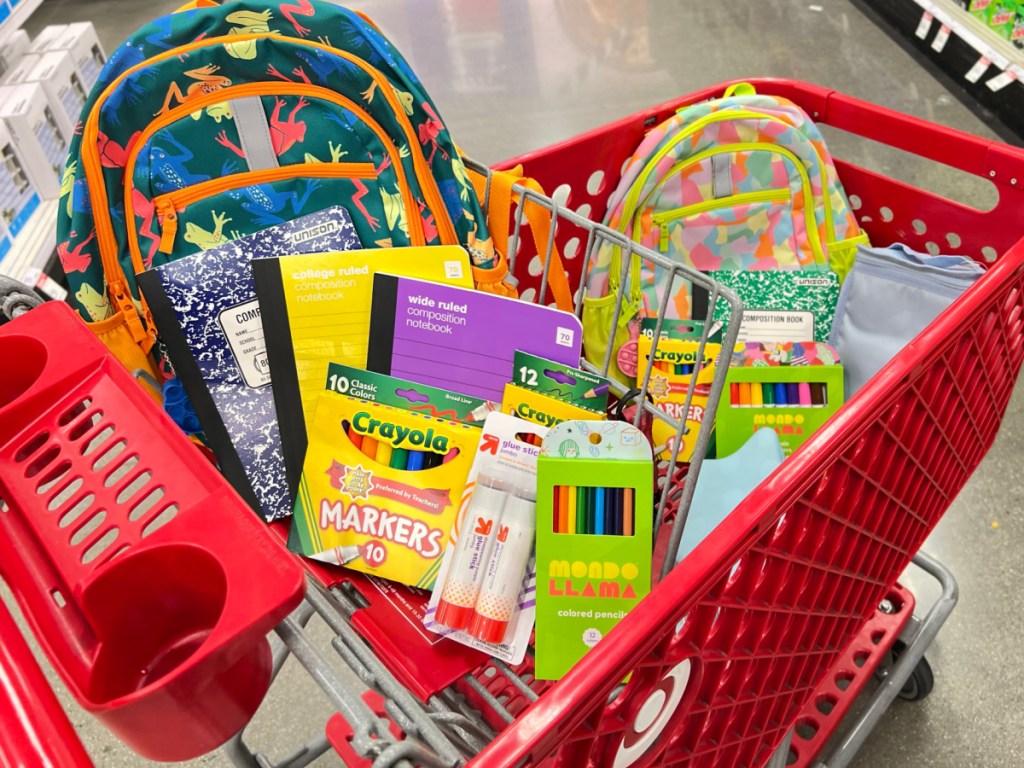 target cart full of school supplies and backpacks