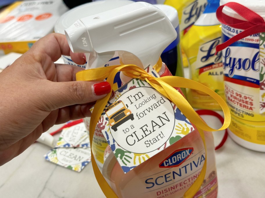 A teacher gift of cleaning supplies using our free printable teacher gift tag