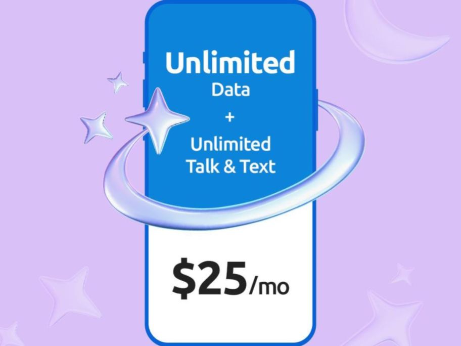Image of a cell phone with Tello Unlimited Data, Talk & Text for $25/ mo