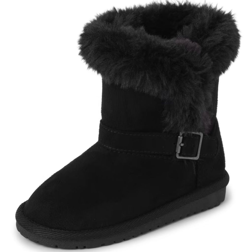 The Children's Place Girl's Warm Lightweight Winter Boot with faux fur trim and a cute black buckle at ankle