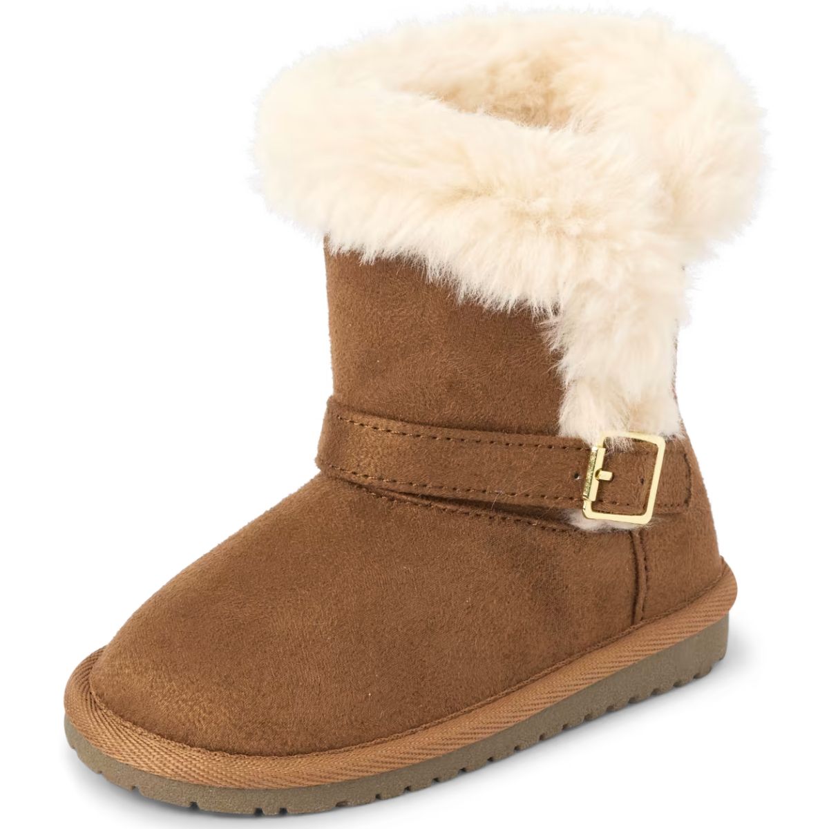 The Children's Place Girl's Warm Lightweight Winter Boot with faux fur trim and a cute gold buckle at ankle