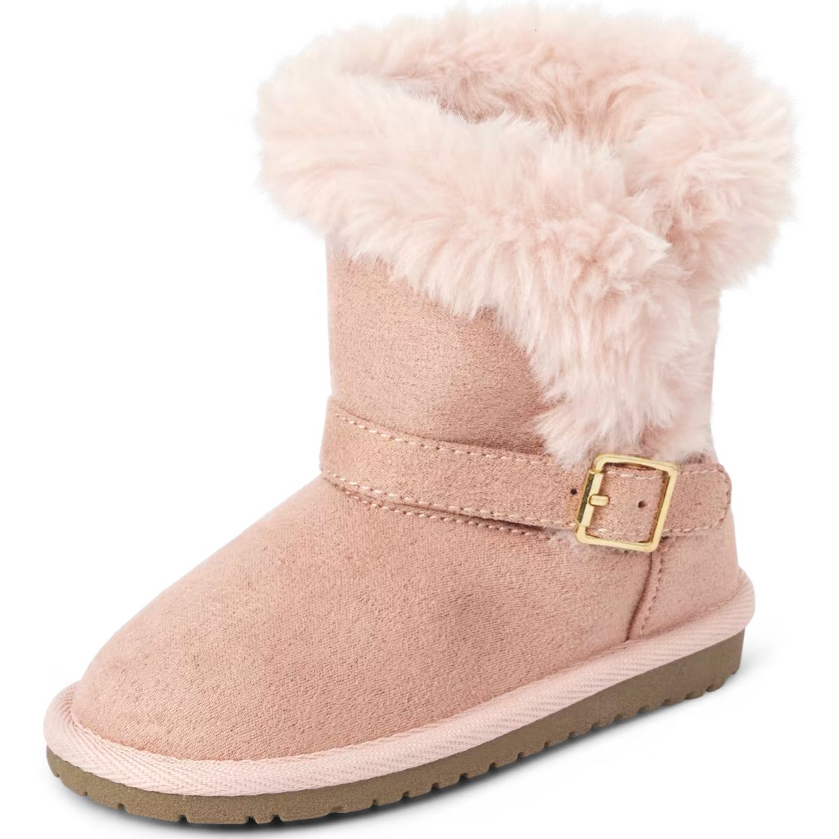 The Children's Place Girl's Warm Lightweight Winter Boot with faux fur trim and a cute gold buckle at ankle