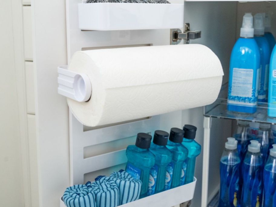 The Home Edit Under Cabinet Organization Set with towels and cleaning products