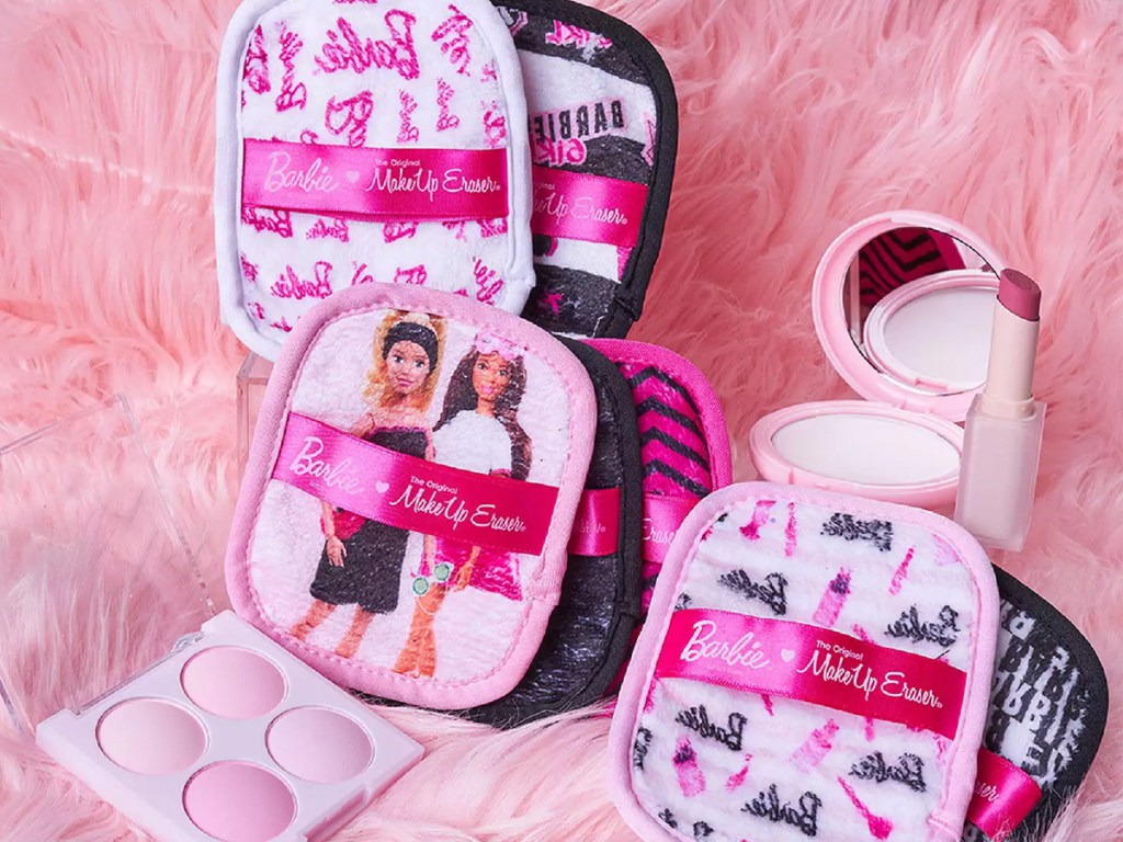 mini barbie makeup erasers with pink makeup products