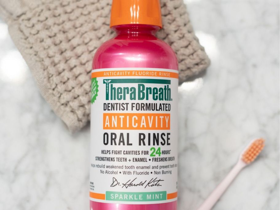 A bottle of TheraBreath Anticavity Oral Rinse