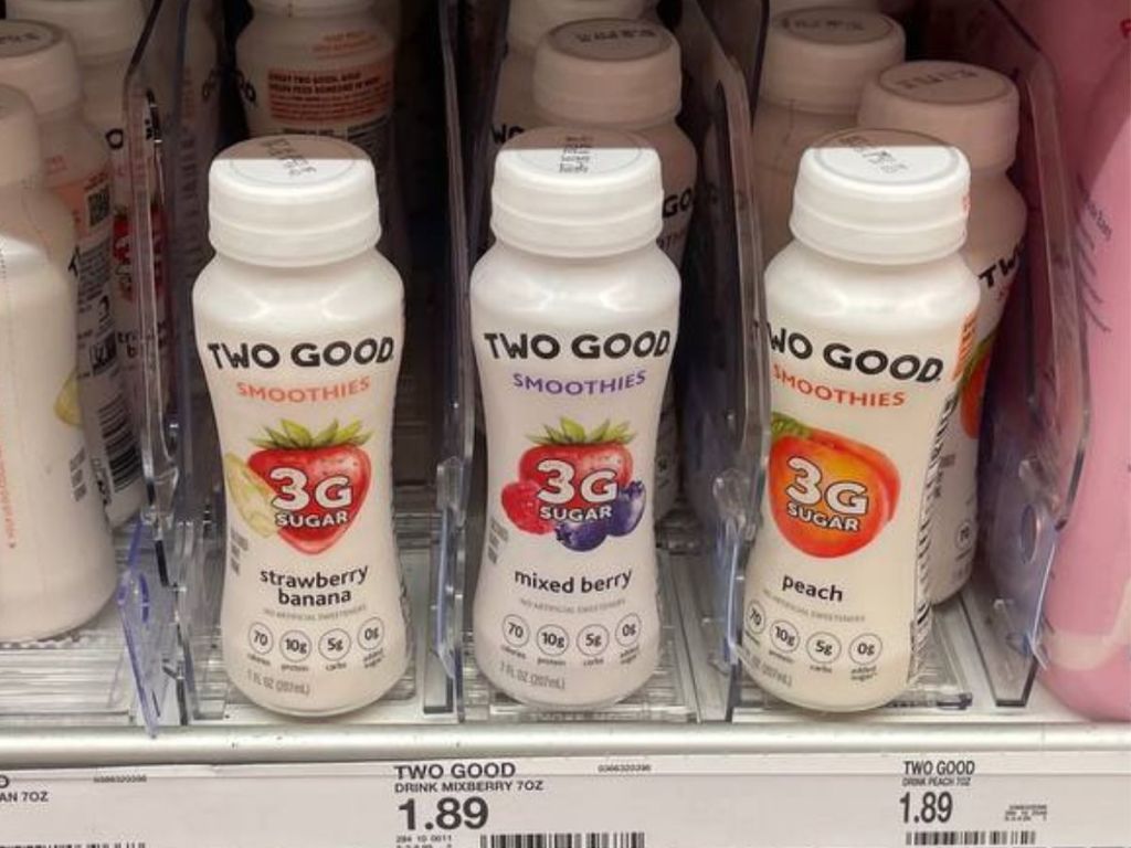 a shelf of Too Good Smoothies at Target