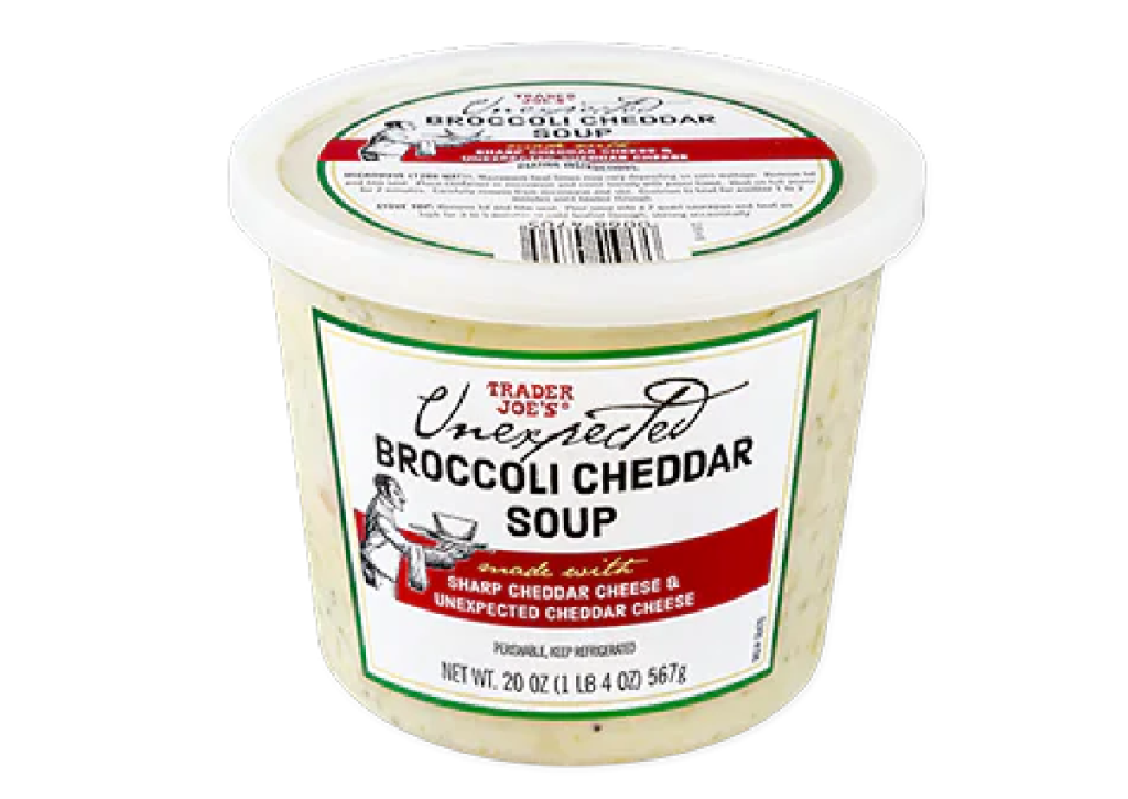 A tub of Unexpected Broccoli Cheddar Soup from Trader Joe's