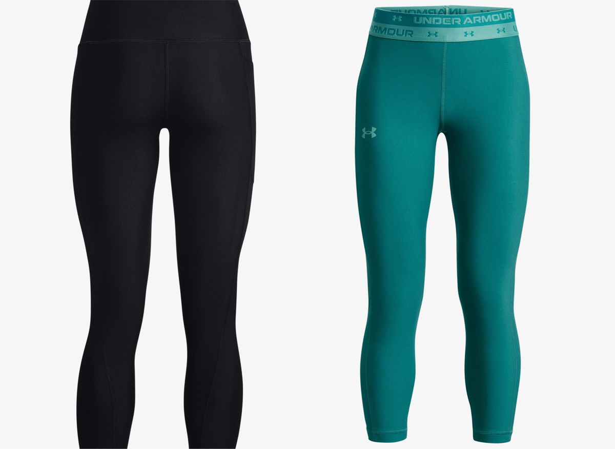 black and teal pairs of under armour leggings