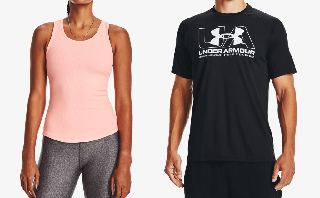woman in a pink tank and man in a black under armour shirt