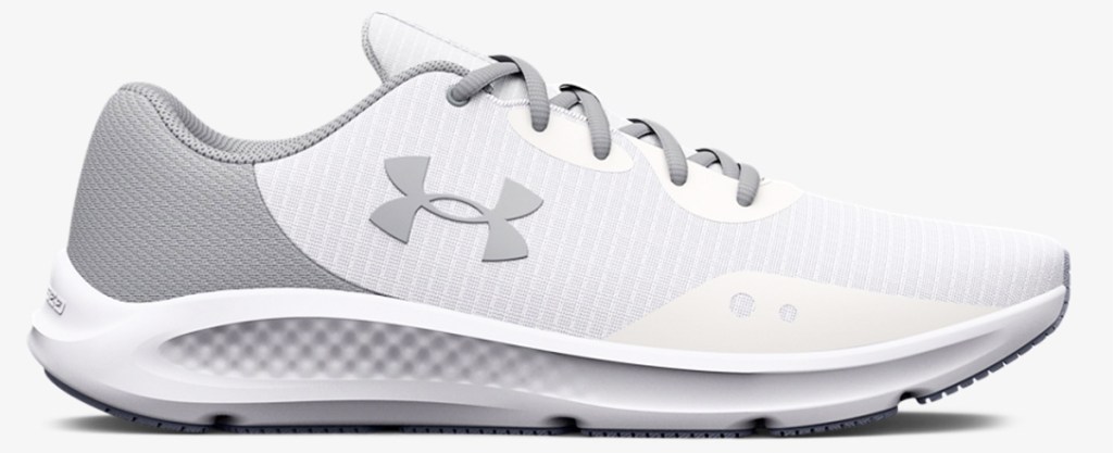 white and grey running shoe