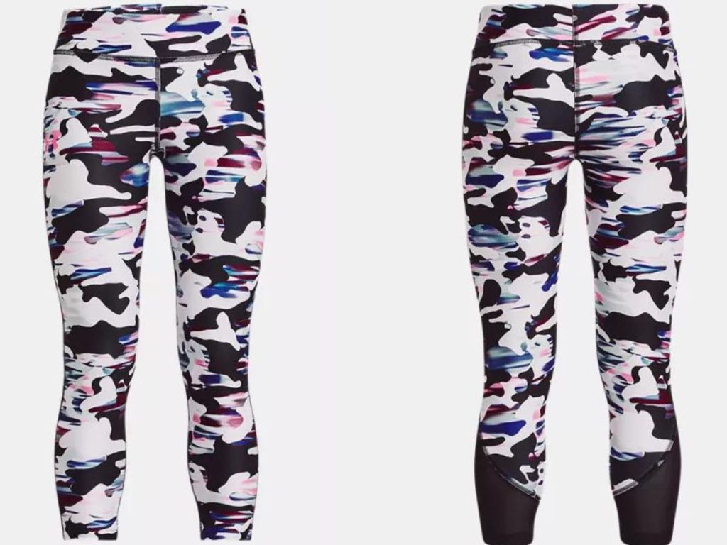Stock image of front and back of a pair of under armour girls leggings