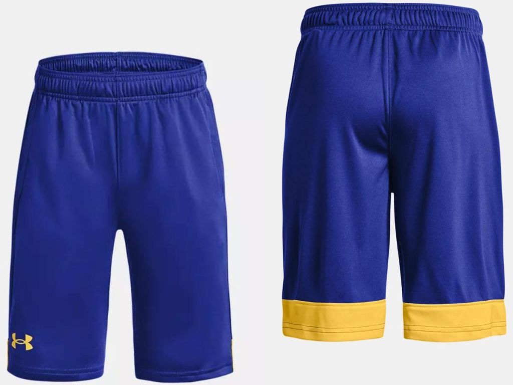 Stock image of front and back of Stock image of front and back of Stock image of front and back of Stock image of front and back of a pair of under armour boys shorts