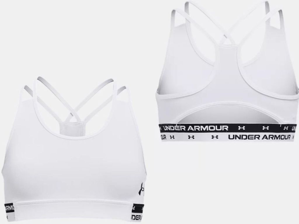 Stock image of front and back of an under armour girls sports bra