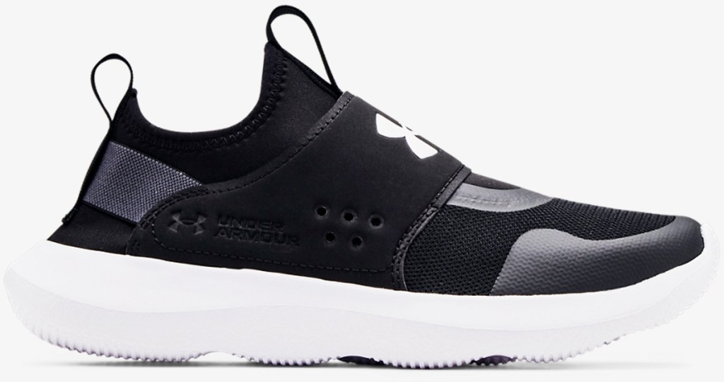 black and white slip-on running shoe
