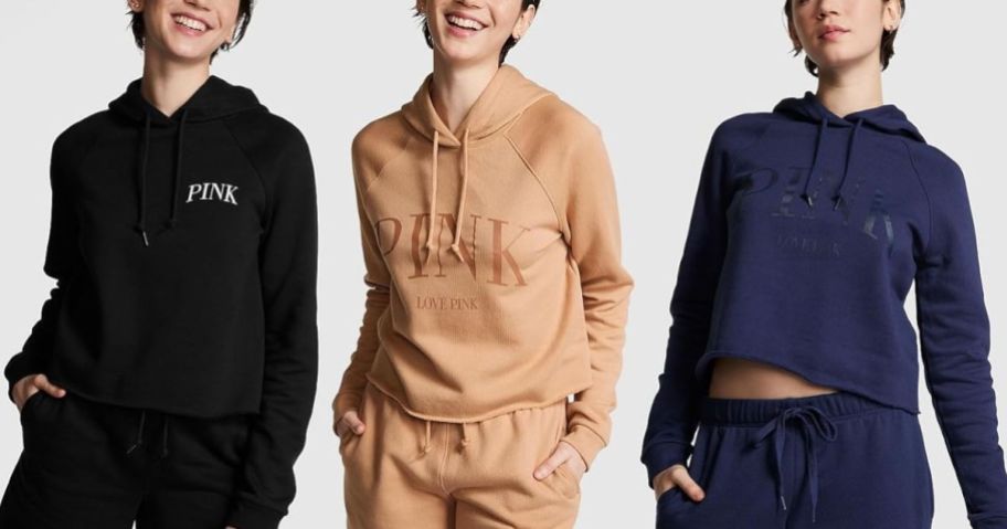 3 models wearing cropped hoodie from vs pink