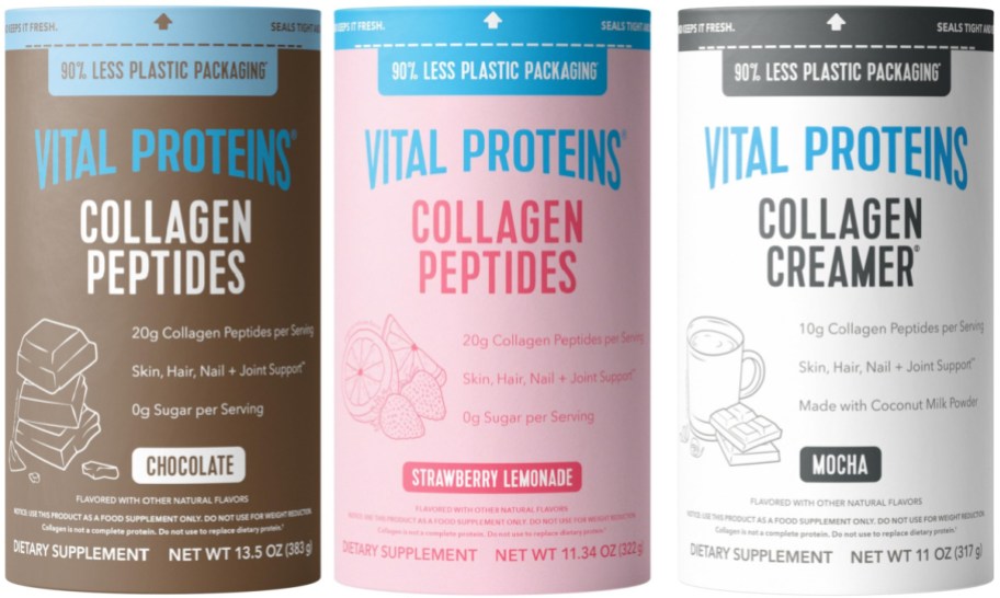 Three Vital Proteins containers featuring Chocolate Collagen Peptides, Strawberry Lemonade Collagen Peptides, and Mocha Collagen Creamer.