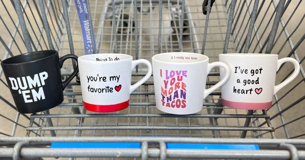 Walmart Valentine's Day Mugs in the front basket of a shopping cart