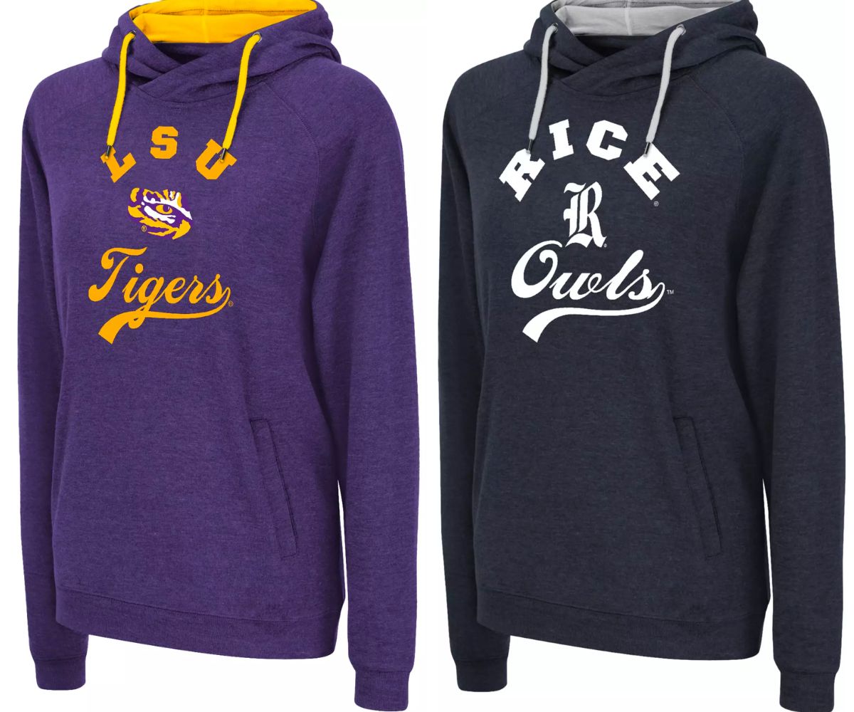 Womens NCAA hoodies for LSU and rice university stock images