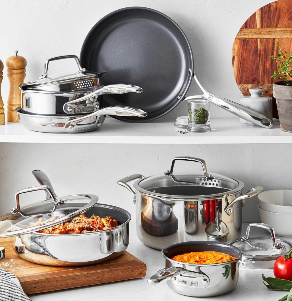 Nonstick cookware set on a shelf and on a counter