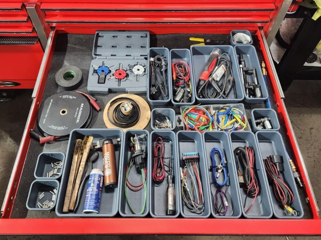tool box organized with gray dividers