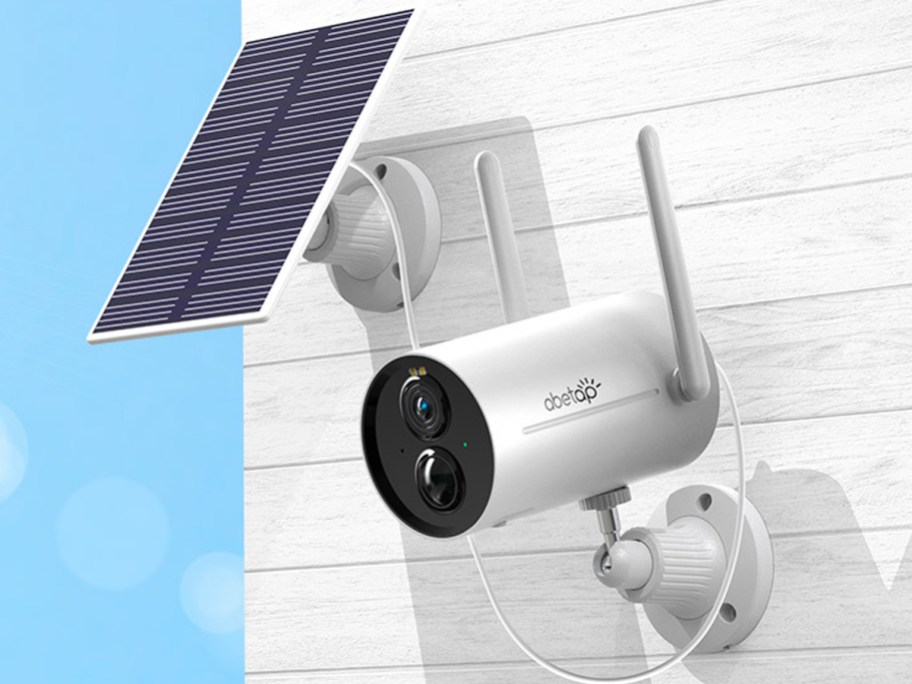 white abetap security camera with solar panel