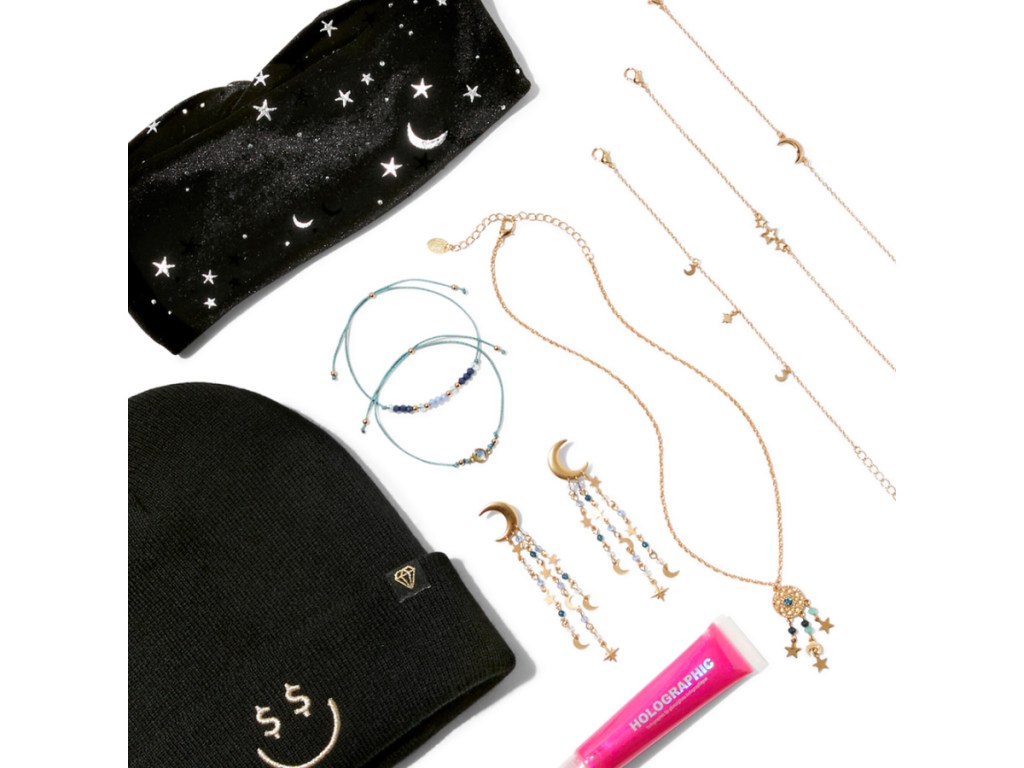accessories inside of the vibe box including earrings, necklace, bracelets and more