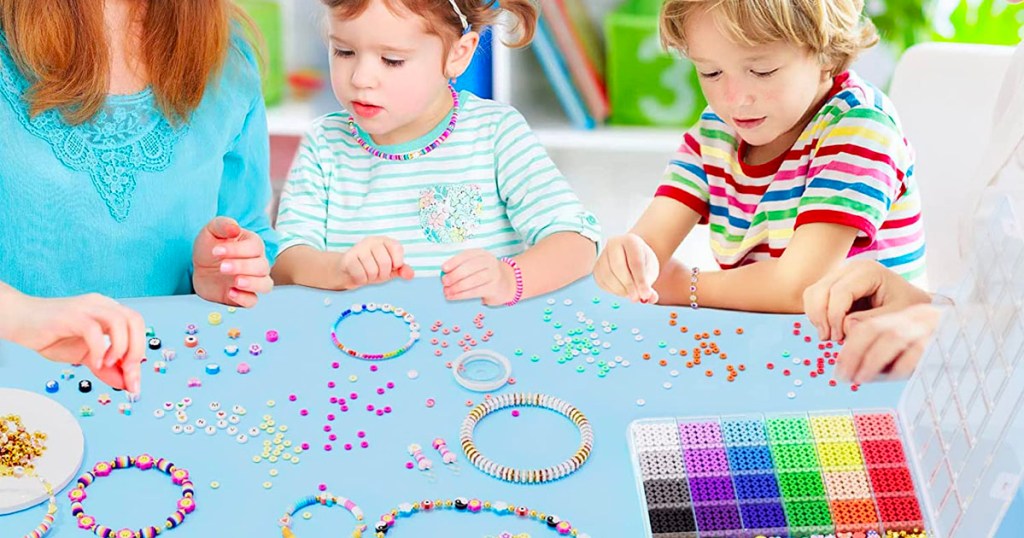 family making bead bracelets with kits