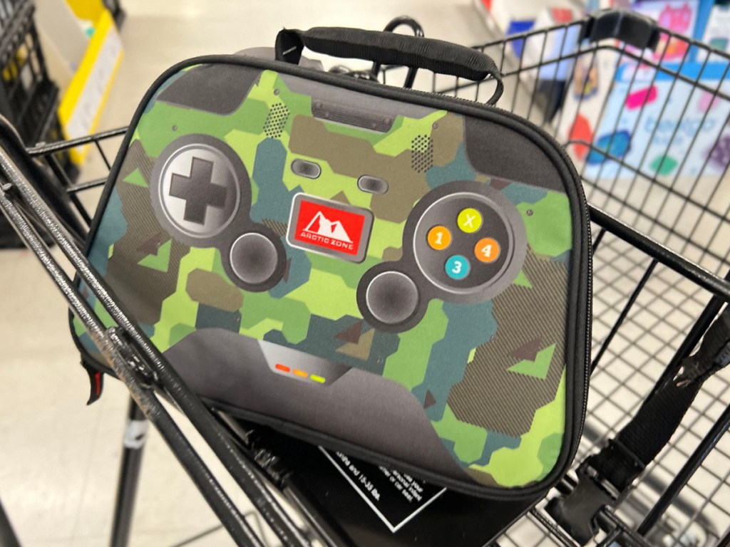 green camo gamer lunchbox in shopping cart