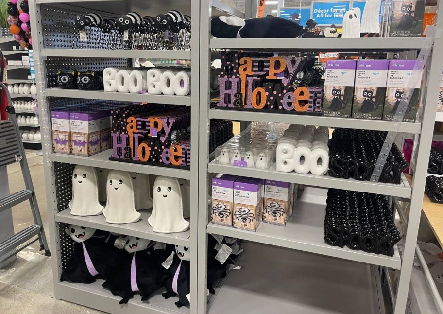 various halloween decor on a store shelf