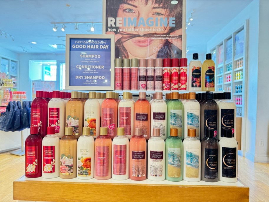 bath & body works hair care display in-store