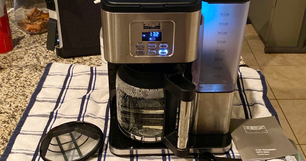 stainless steel bella coffee maker with parts on counter