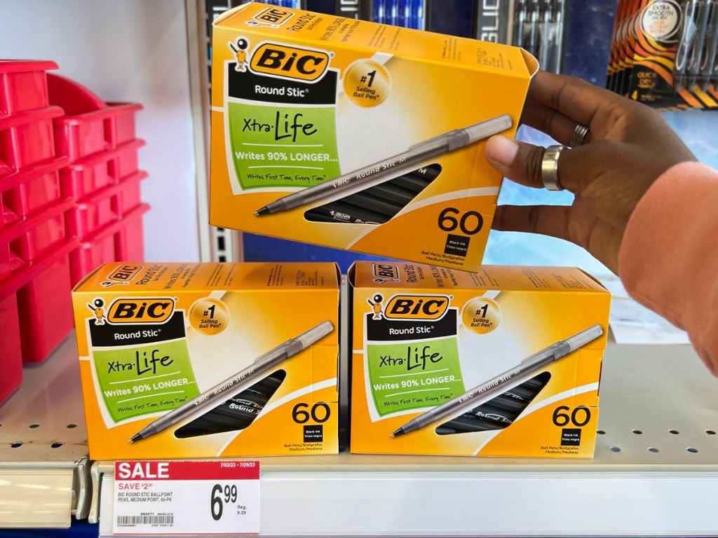 bic xtra life pens on shelf in office depot